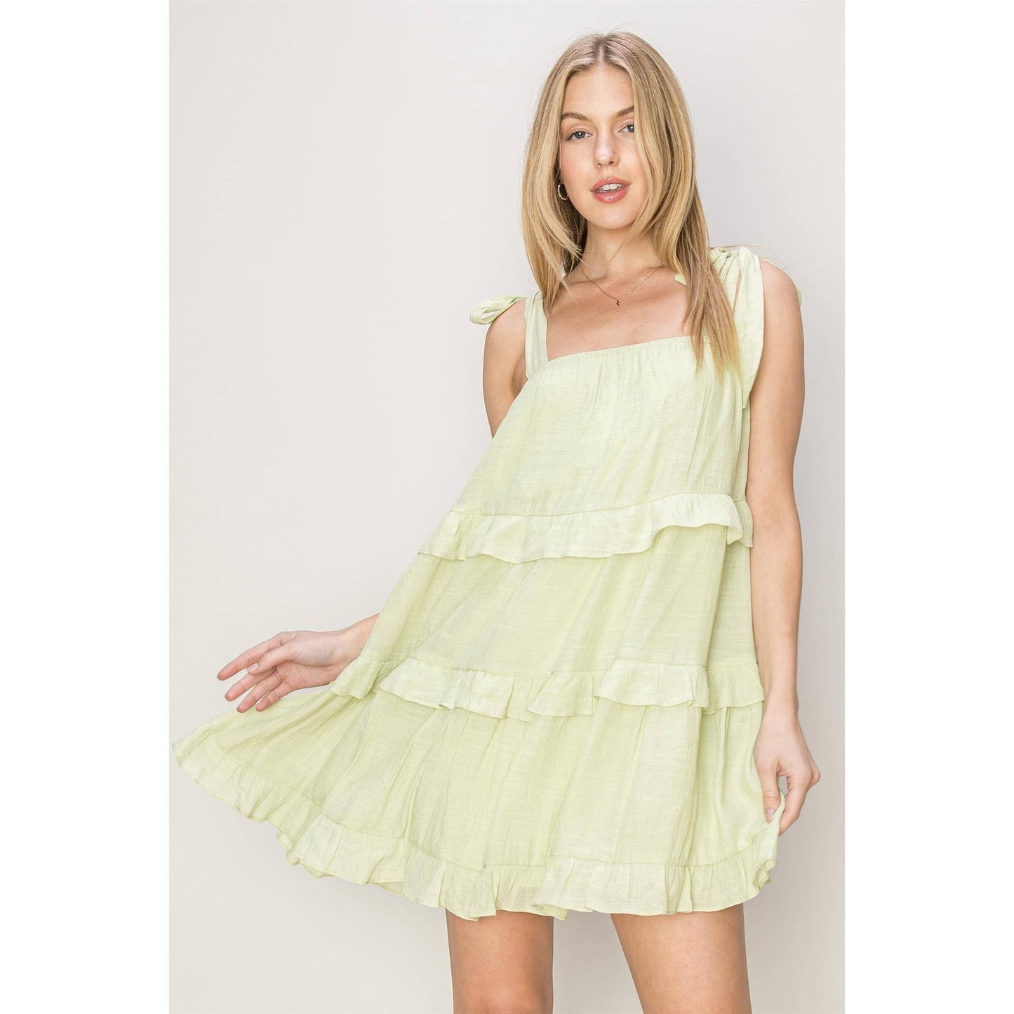 TIE RUFFLE LAYER DRESS SAGE