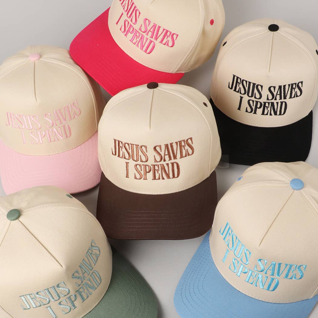 JESUS SAVES I SPEND Embroidery Trucker Hat: HOT PINK