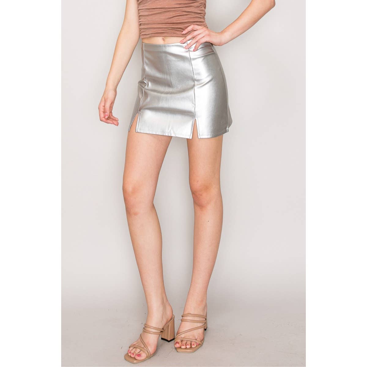 Faux Leather Double Slit Skirt