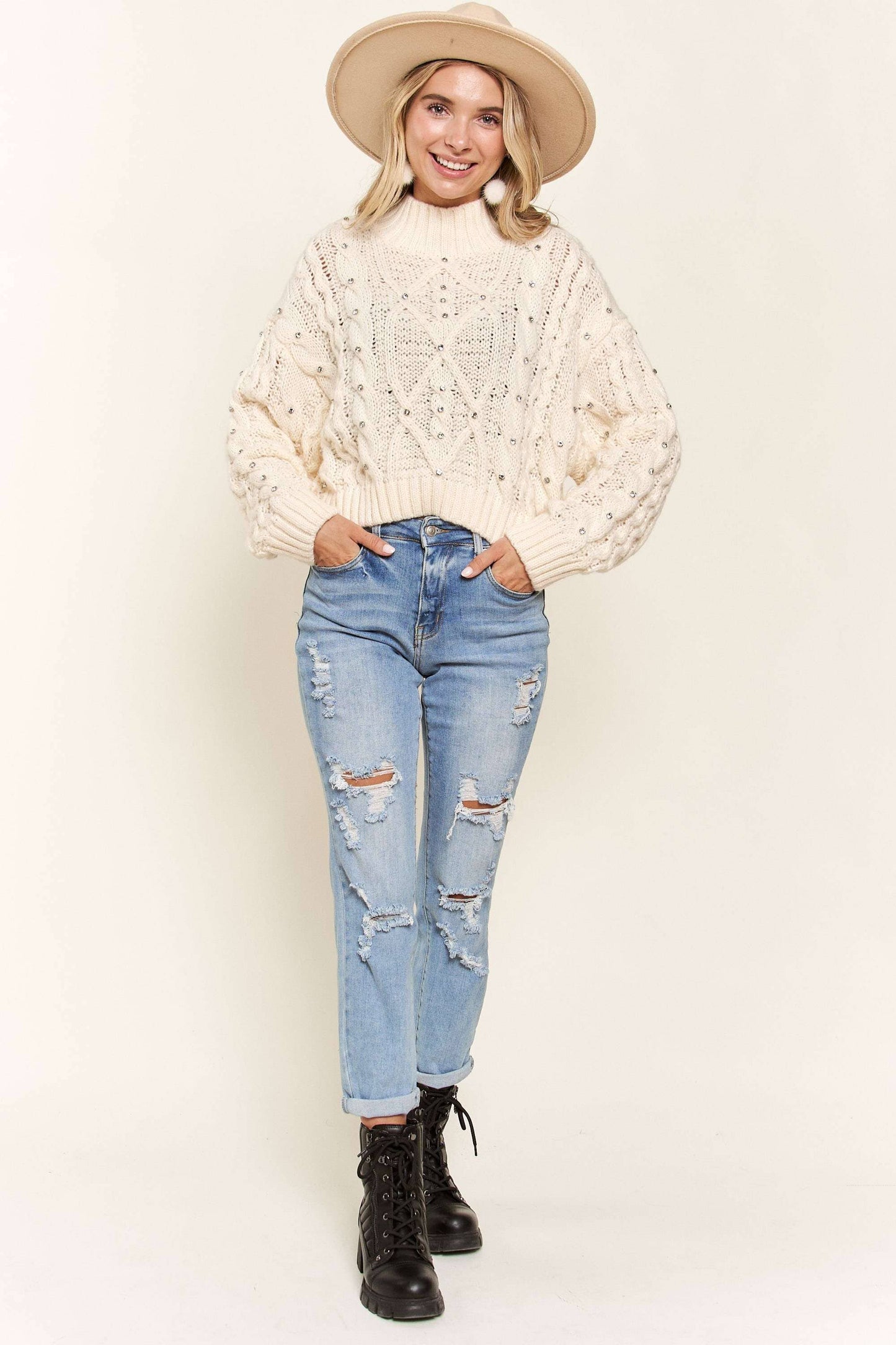 Sweater with Rhinestone’s- Beige