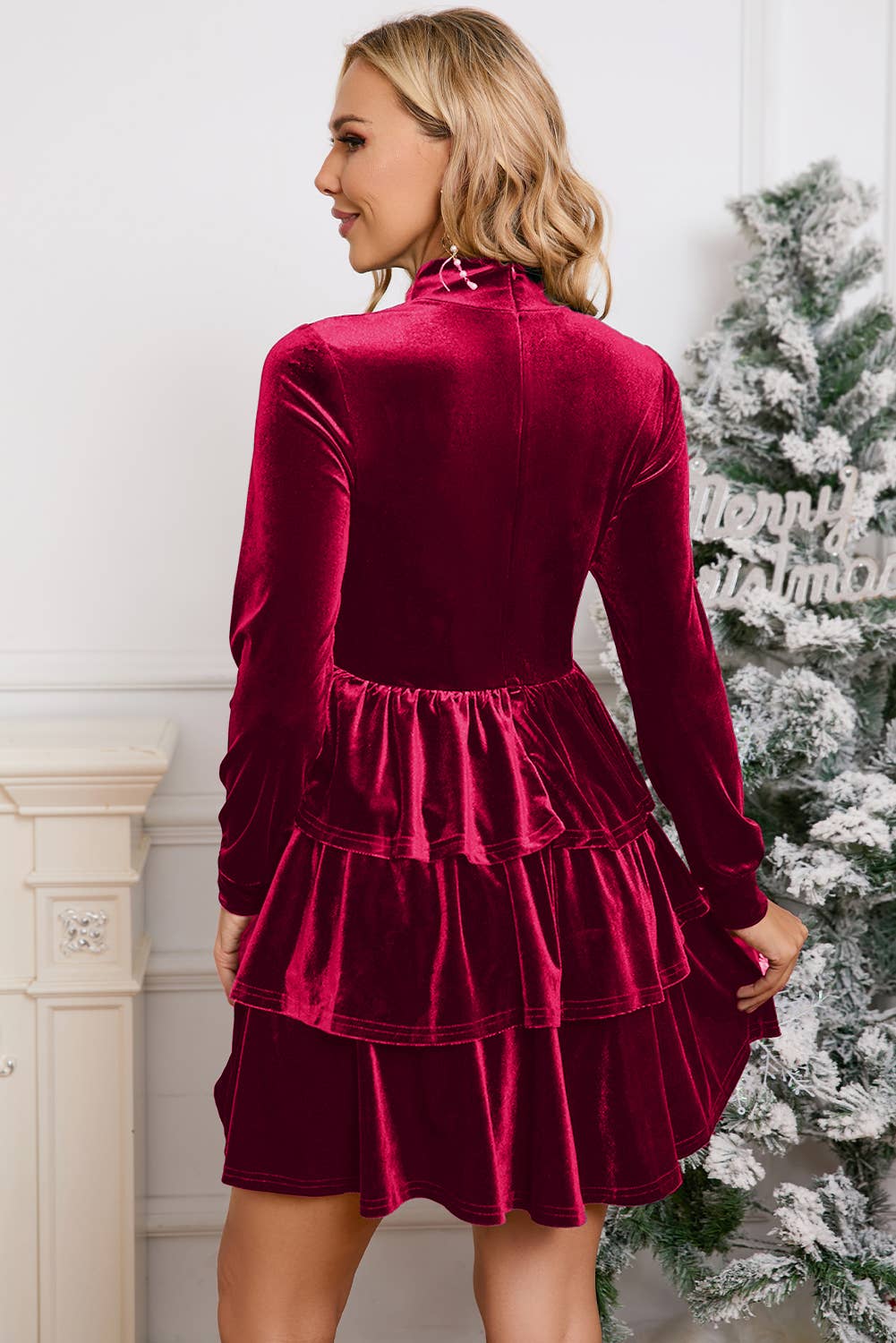 Velvet Ruffle Mini Dress Green
