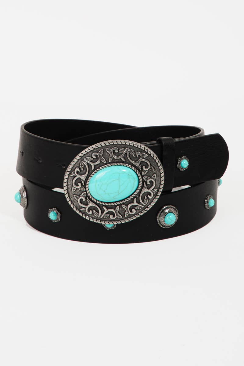 Engraved Oval Buckle Turquoise Belt Ivory
