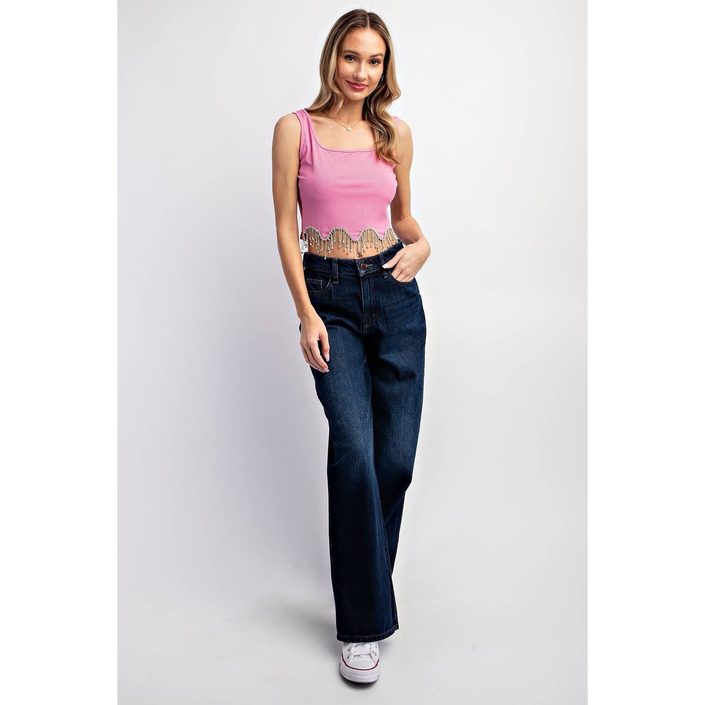 Rhinestone Fringe Crop Tank Pink