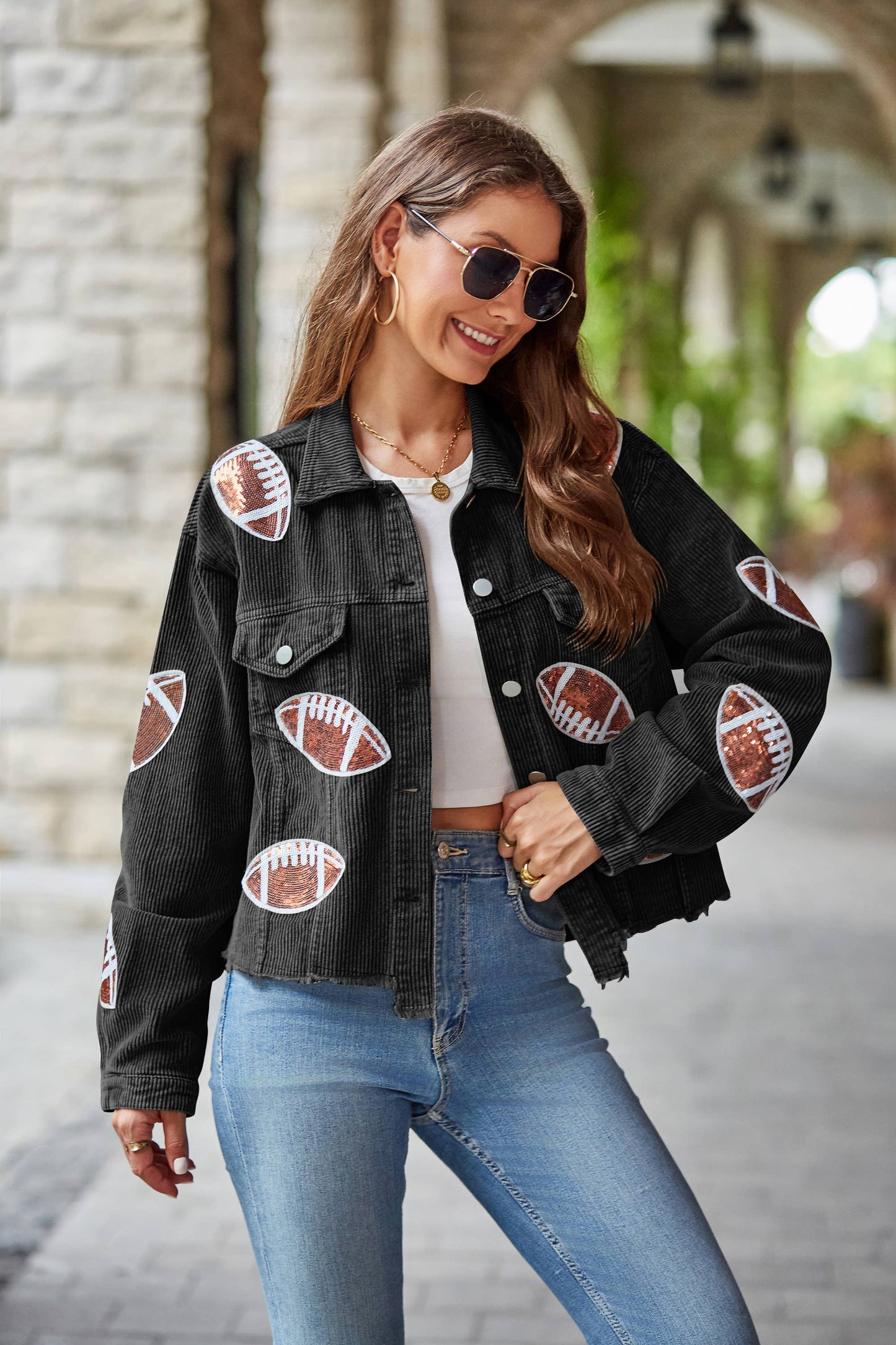 Cropped Corduroy Sequin Football Jacket Black