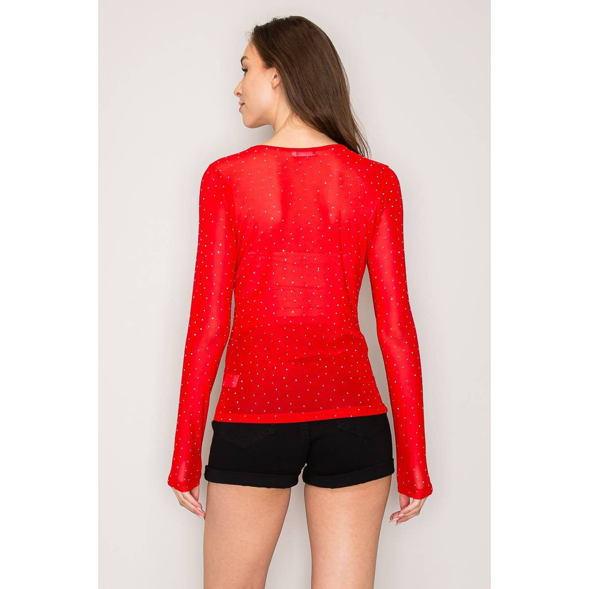 Rhinestone Embellished Mesh Top True Red