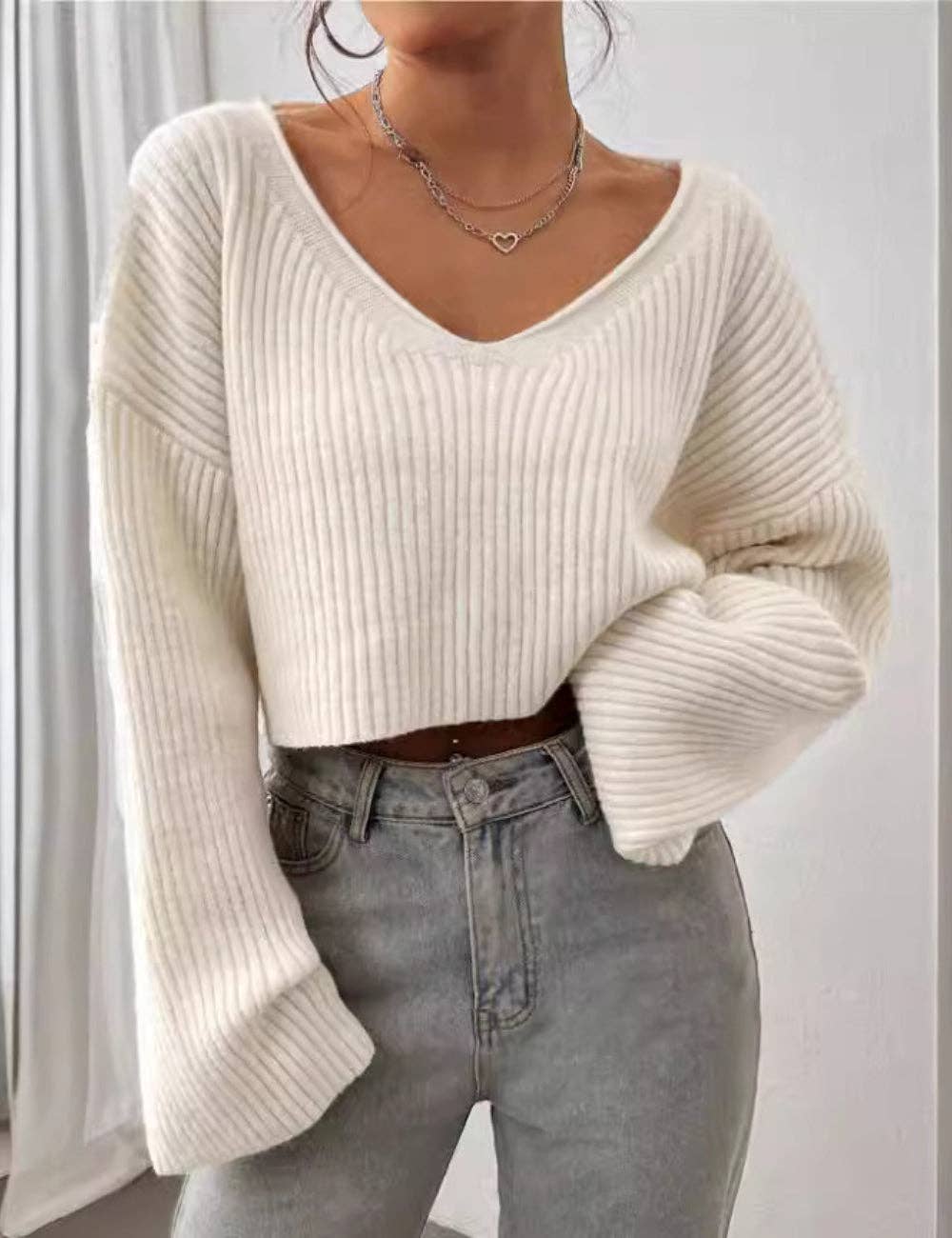 Ladies Drop Shoulder Ribbed Knit Sweater