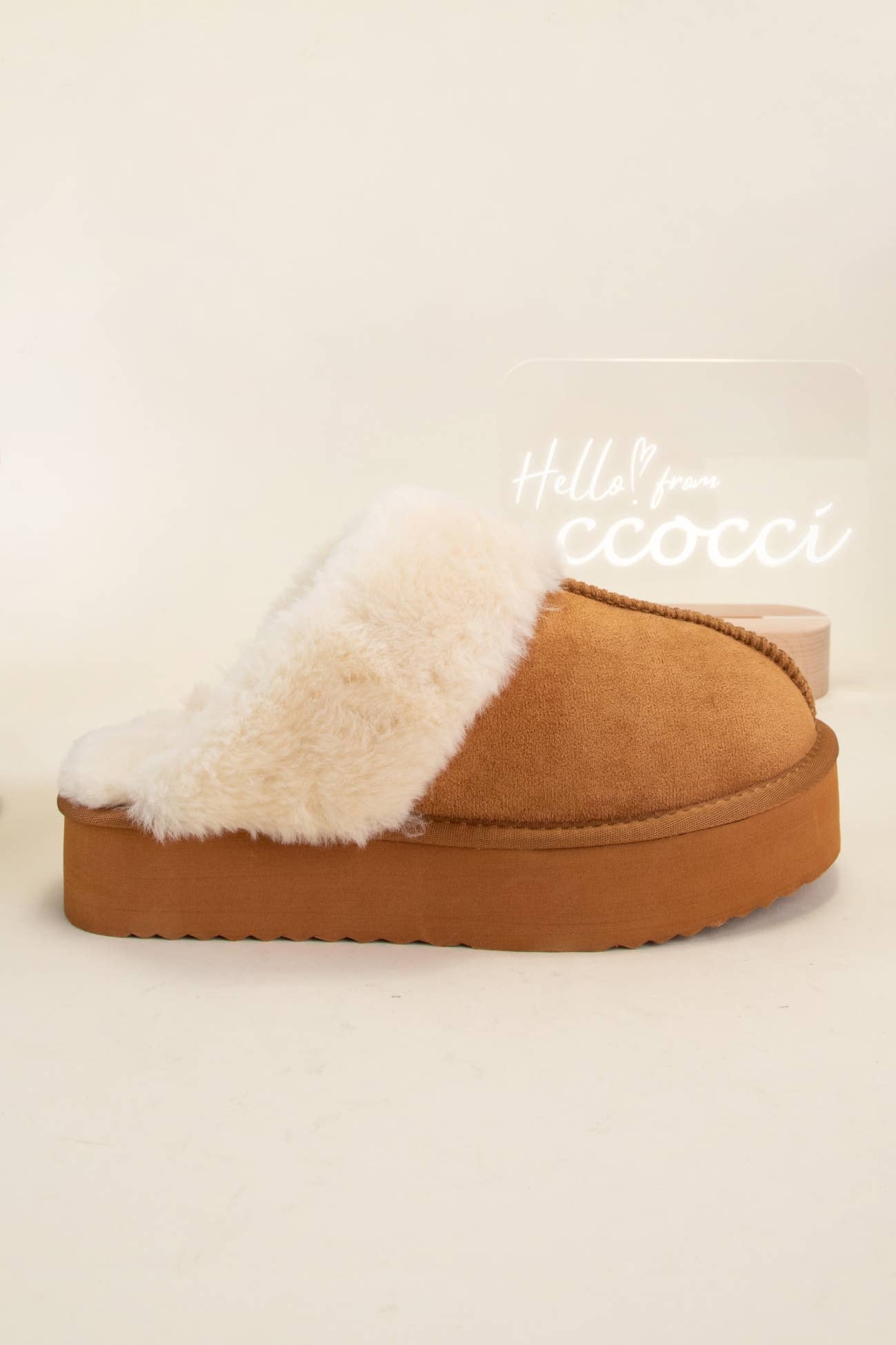 Platform Fur Slippers Tan