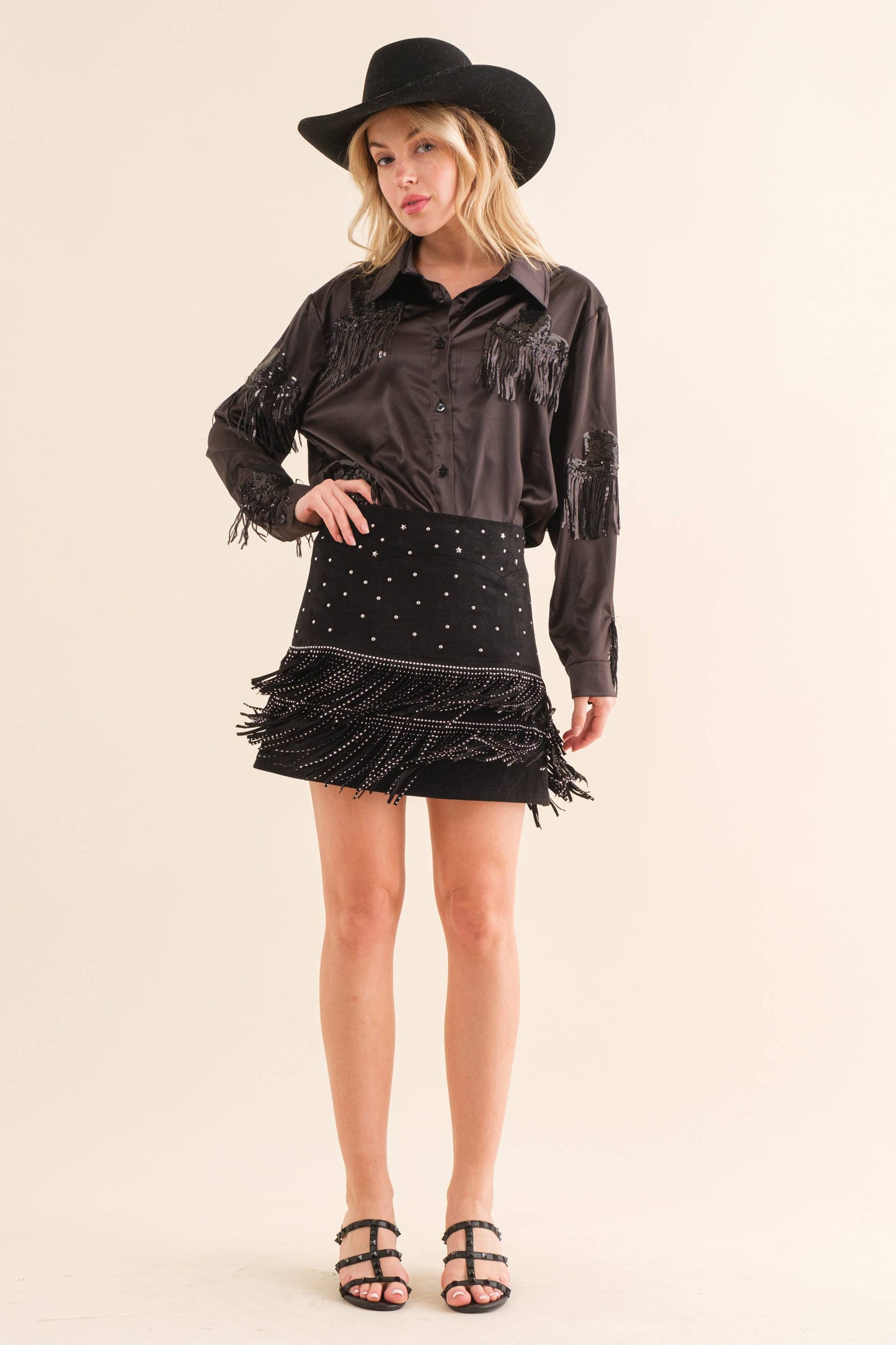 Suede Star Studded Fringe Skirt Tan