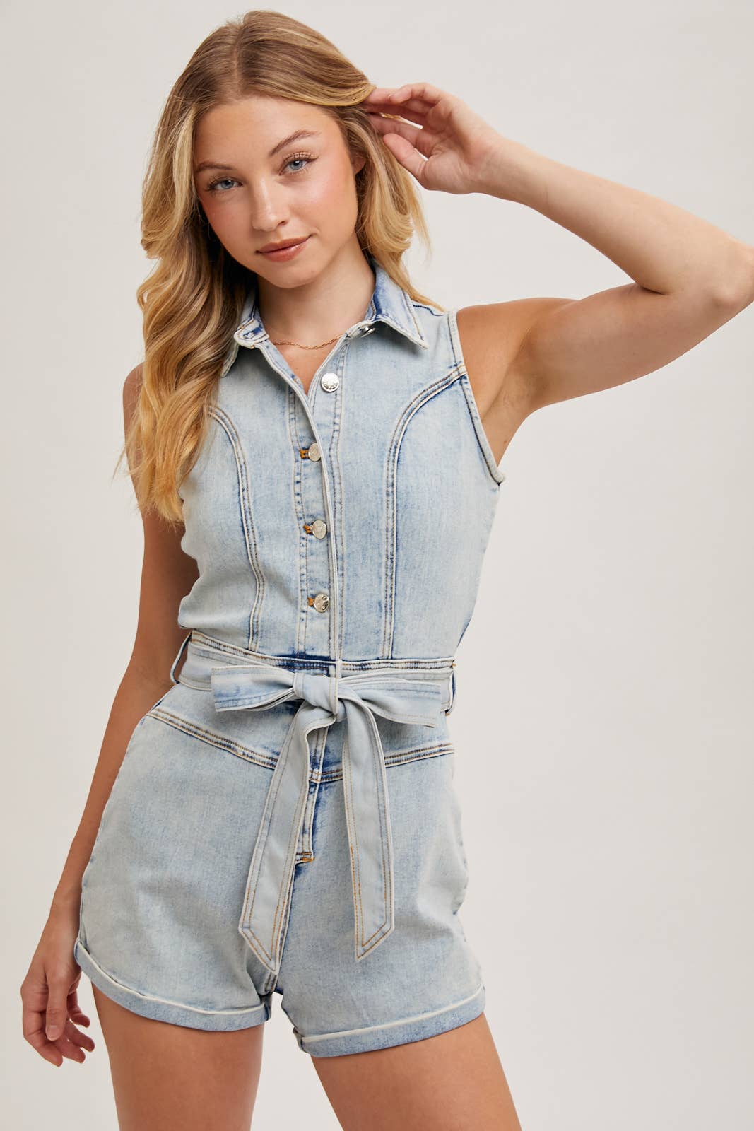 BUTTON DOWN BELTED DENIM ROMPER