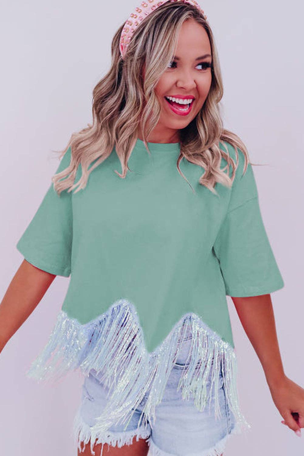 Jade Fringed Sequin Crop
