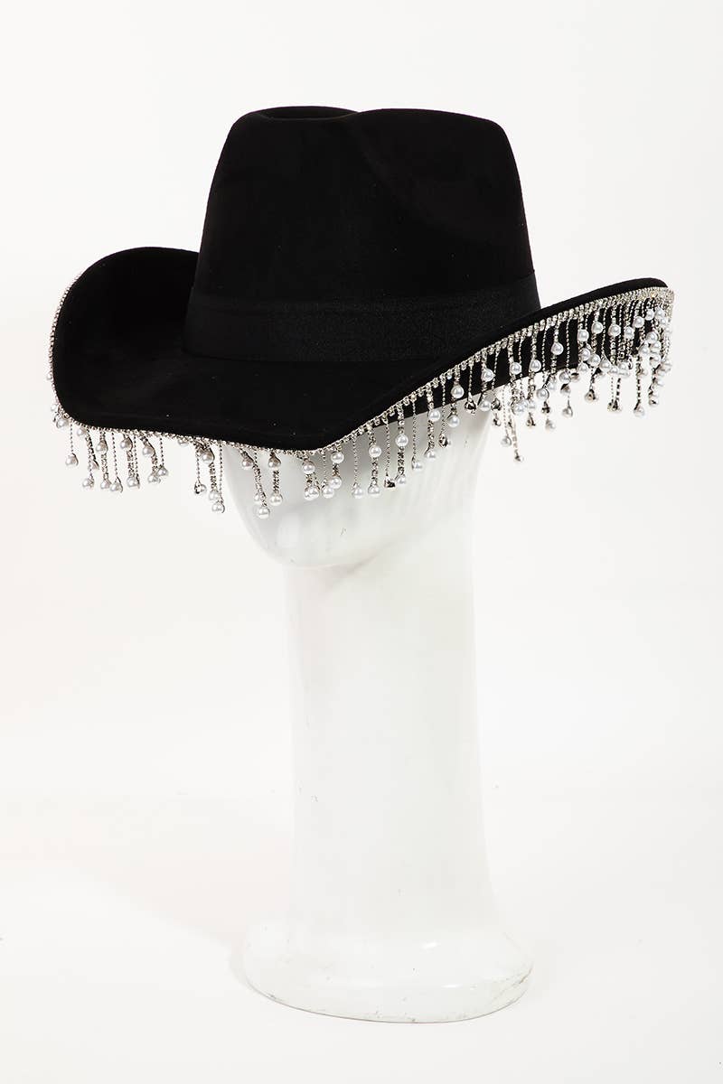 Pearl Rhinestone Fringe Trim Cowboy Hat