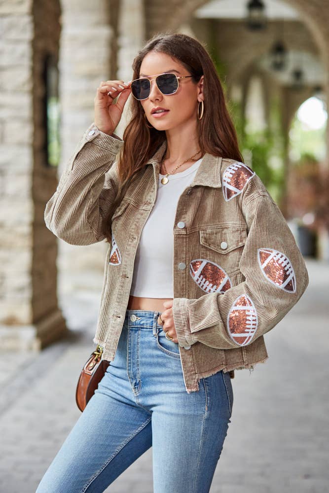 Cropped Corduroy Sequin Football Jacket Khaki