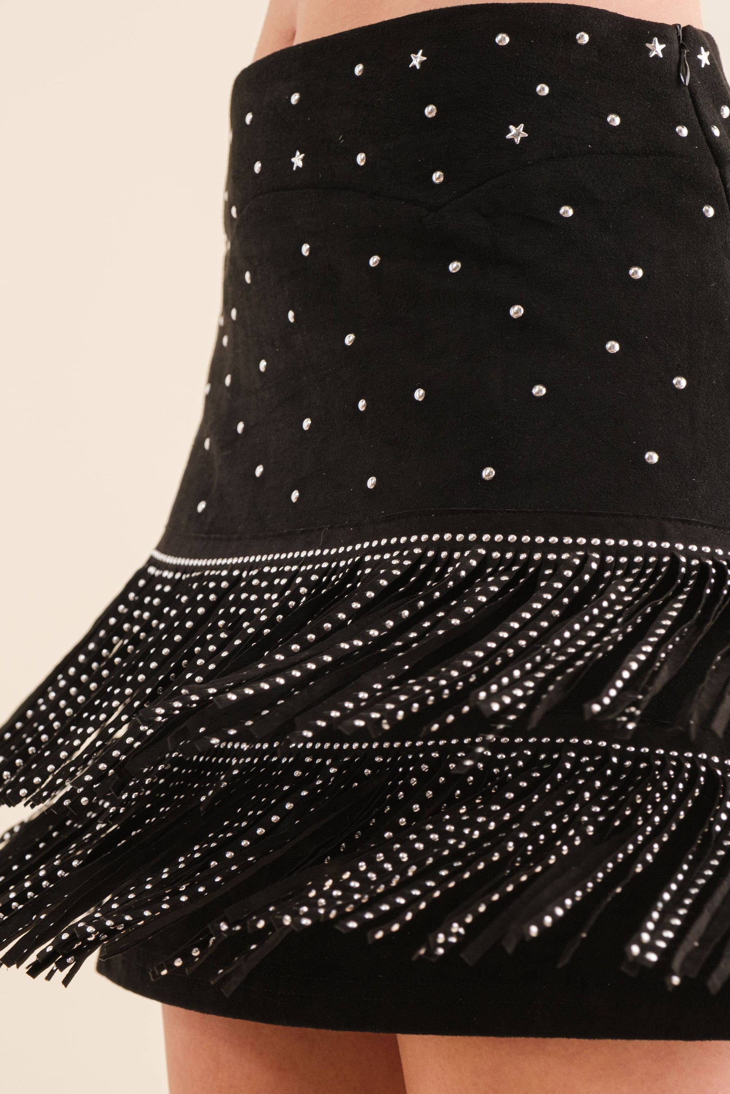 Suede Star Studded Fringe Skirt Tan