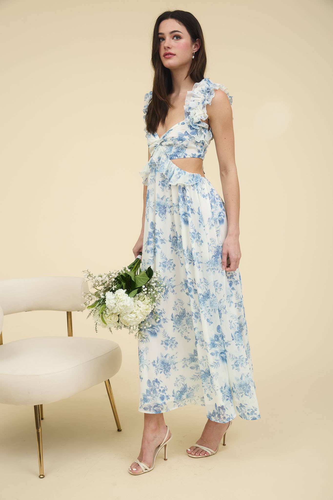 BLUE FLORAL RUFFLE DETAIL CUTOUT DRESS