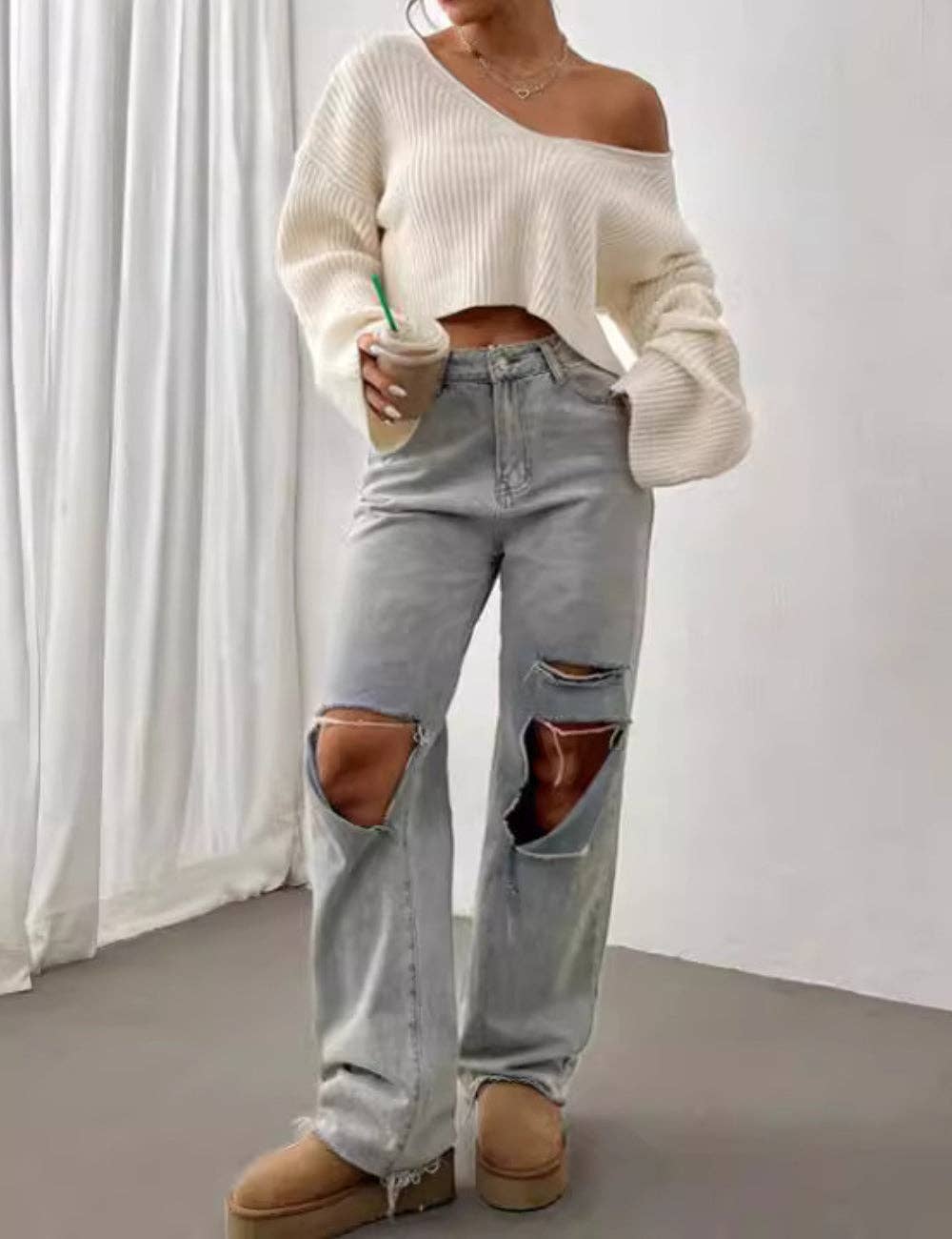 Ladies Drop Shoulder Ribbed Knit Sweater