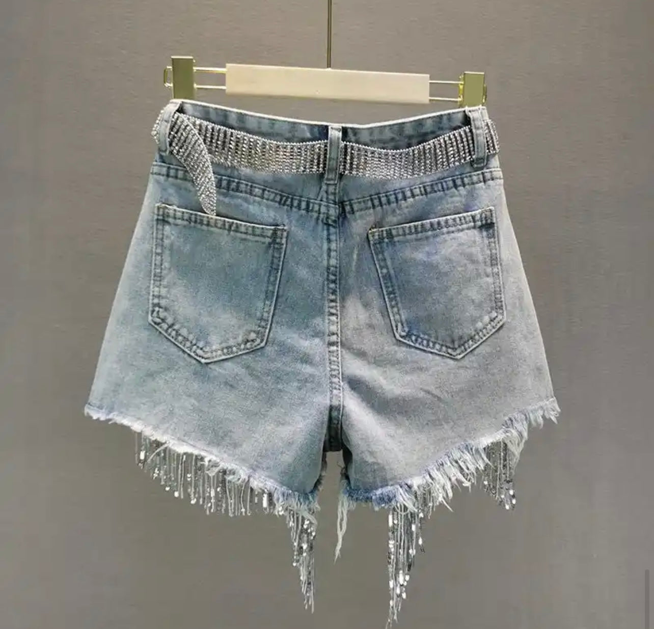 Distressed Denim Tassel Beaded High Waist Shorts