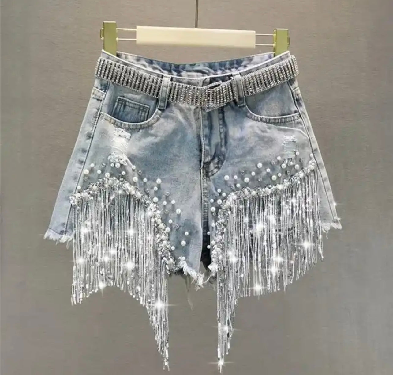 Distressed Denim Tassel Beaded High Waist Shorts