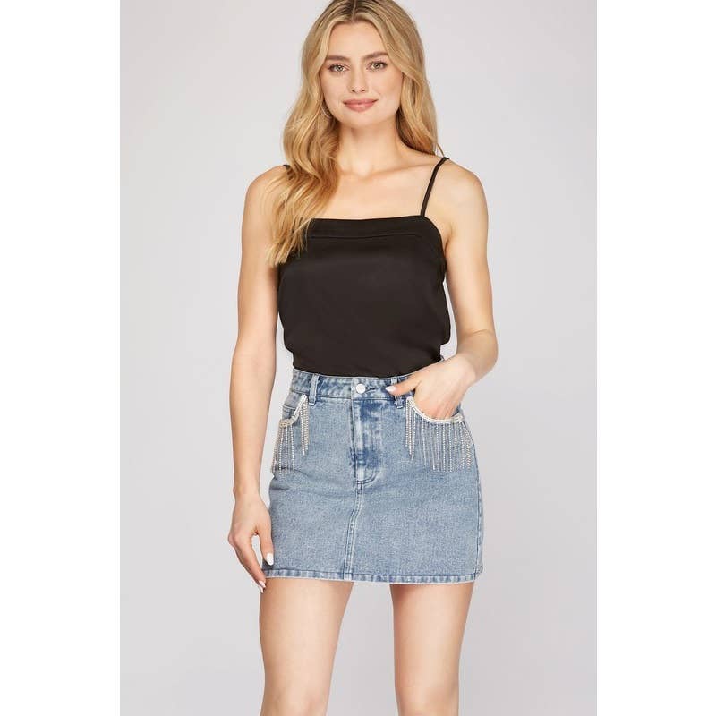 Denim skirt with rhinestone fringe