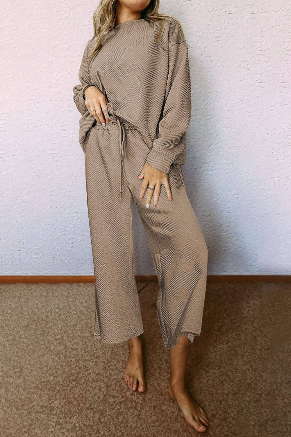 Textured Long Sleeve Set | Apricot Khaki