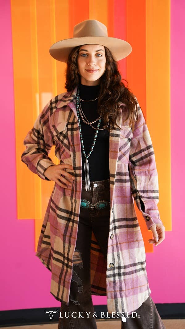 Pink Plaid Fleece Long Button Down Shacket
