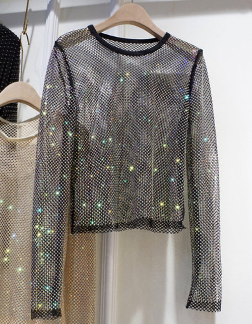 Rhinestone Long Sleeve Mesh Top