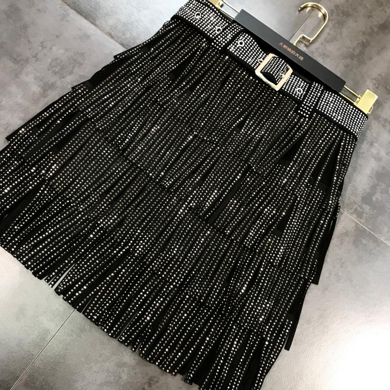 New High Waist Rhinestone Fringe Skirt