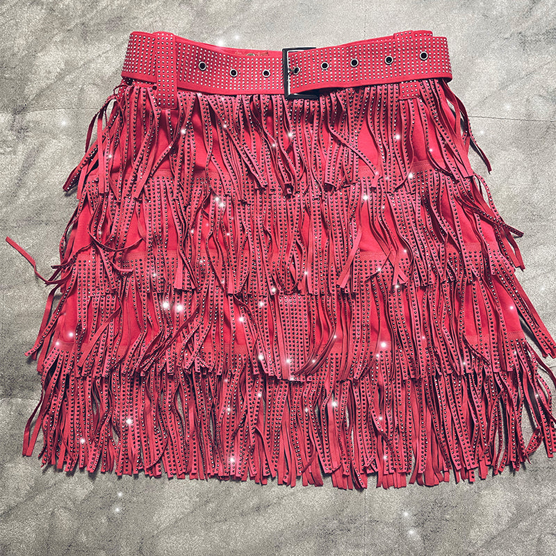 New High Waist Rhinestone Fringe Skirt