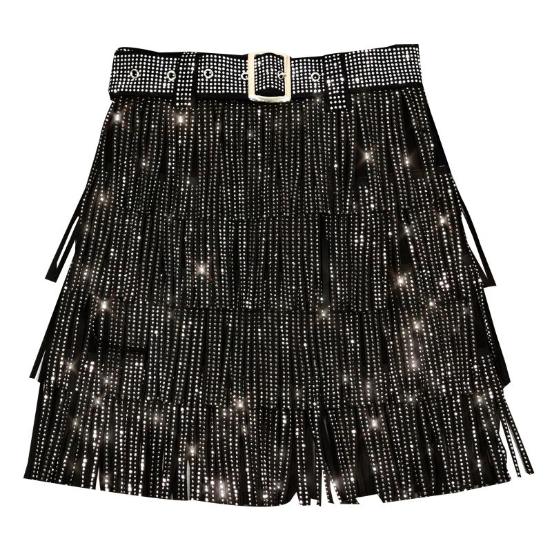 New High Waist Rhinestone Fringe Skirt