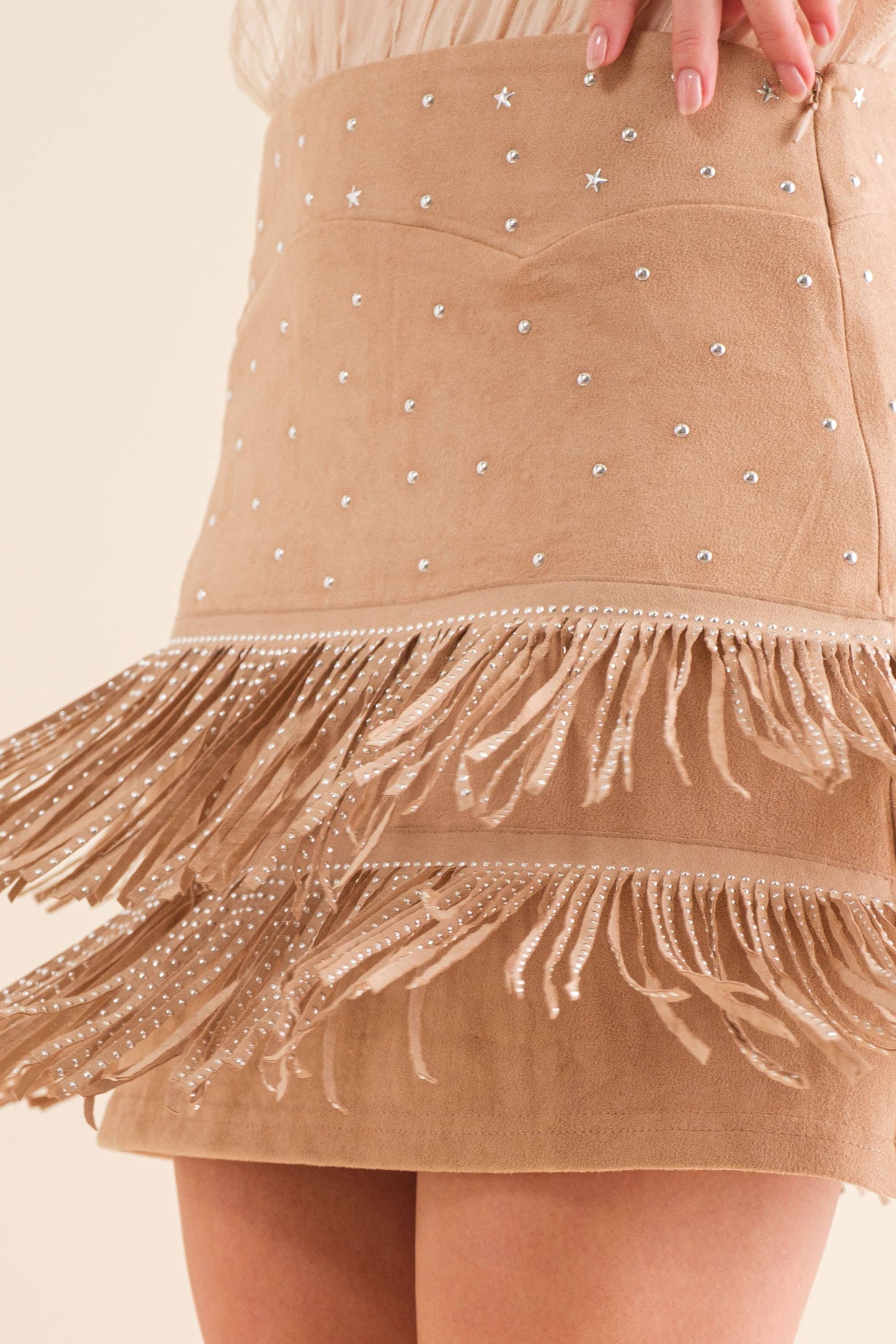 Suede Star Studded Fringe Skirt Tan