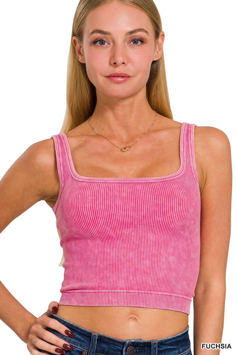 Washed Ribbed Cropped Tank Fuschia