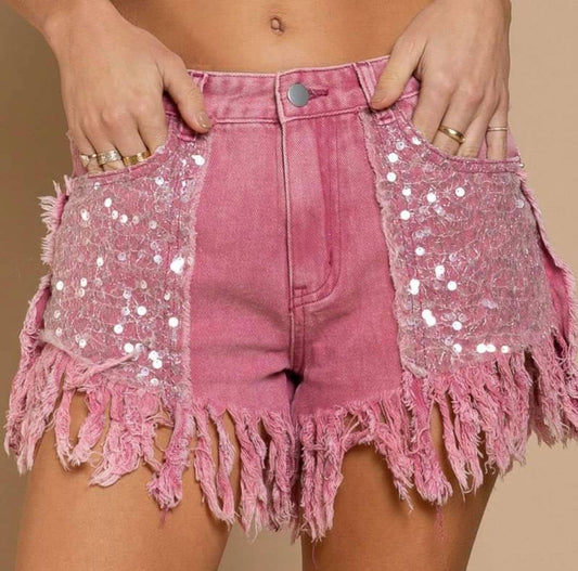 Sparkle Sequin Hot Pink Denim Fringe Shorts