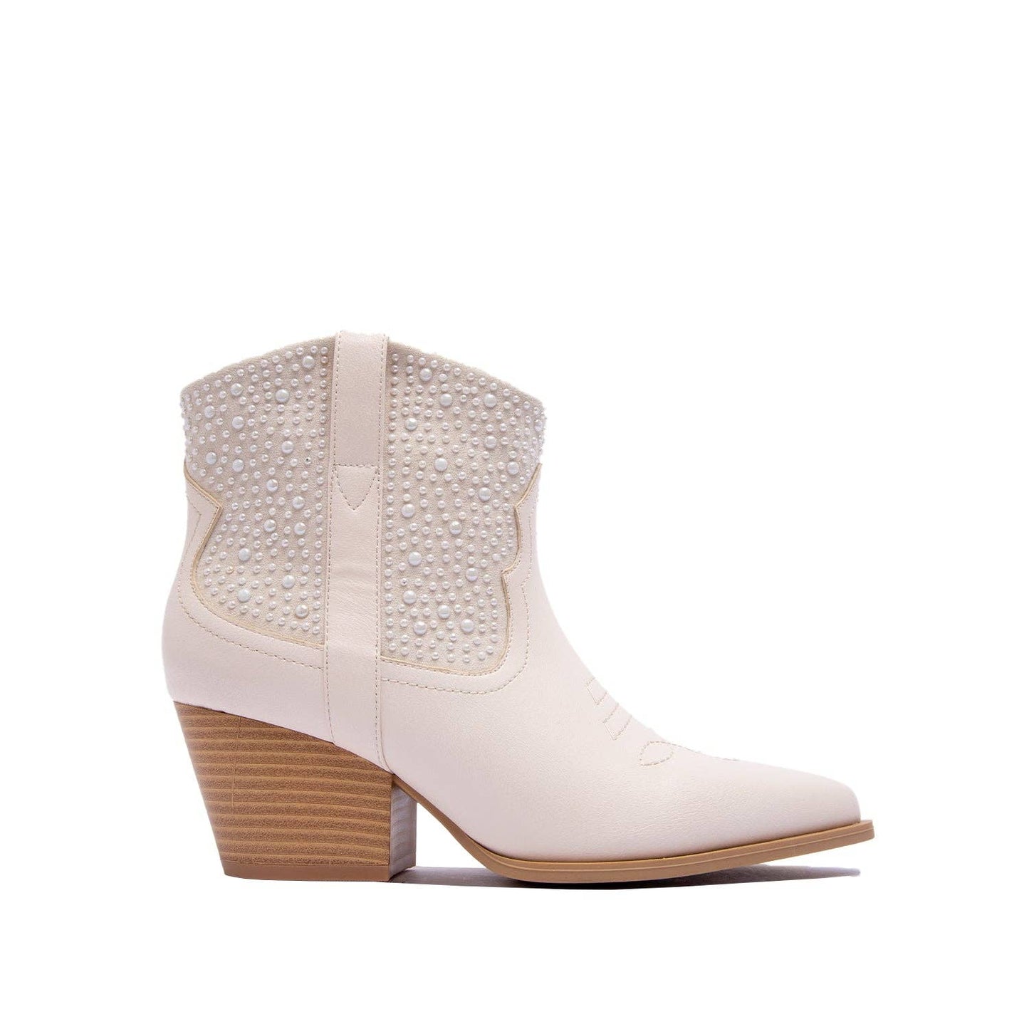 Pearl Studded Heel Embroidery Western Booties