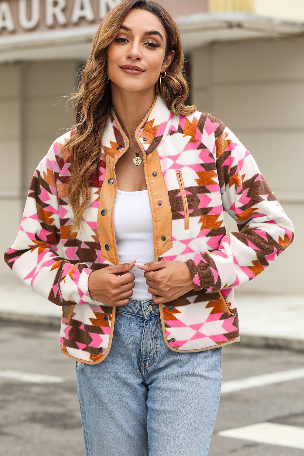 Western Aztec Buttoned Zipper Pockets Fleece Jacket