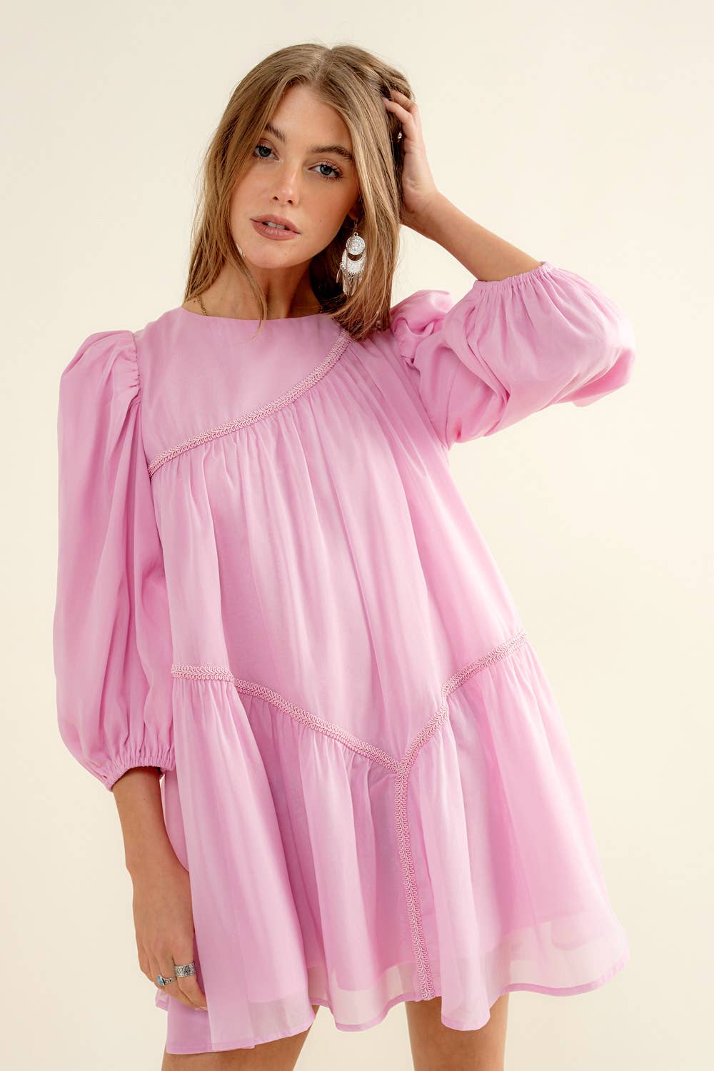 Puff Sleeve Braided Trim Mini Dress