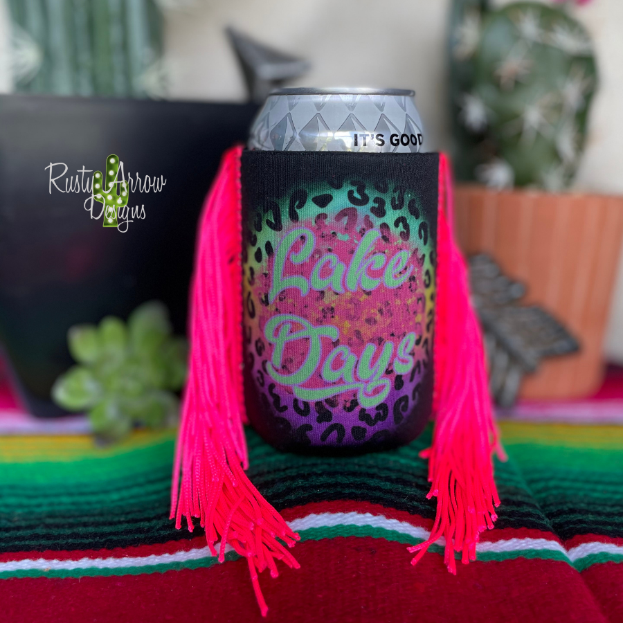 Neon Cheetah Lake Days Fringe Koozie