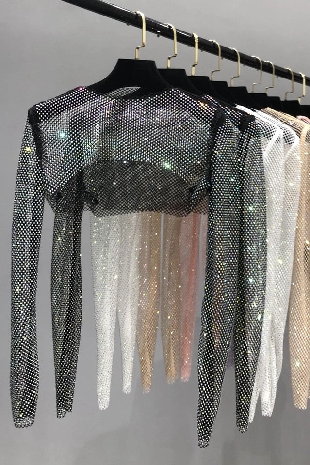 Rhinestone Long Sleeve Mesh Crop Top