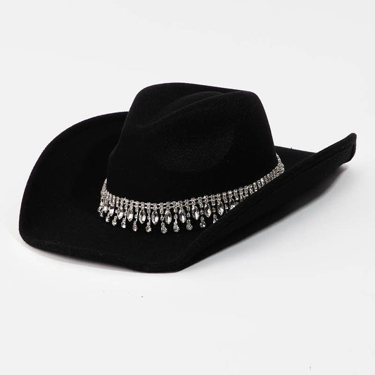 Rhinestone Fringe Chain Cowboy Hat Black