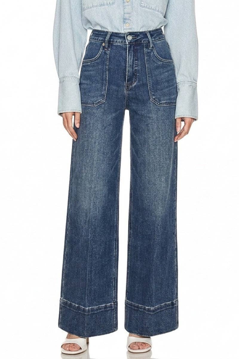 HIGH RISE TUMMY CONTROL SLIM PALAZZO JEANS: Dark wash / 1 (24)