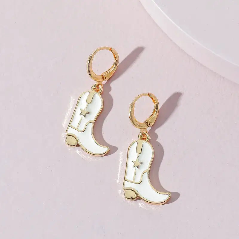 Cowboy Boots Drop Earrings, Western Cowboy Earrings: White