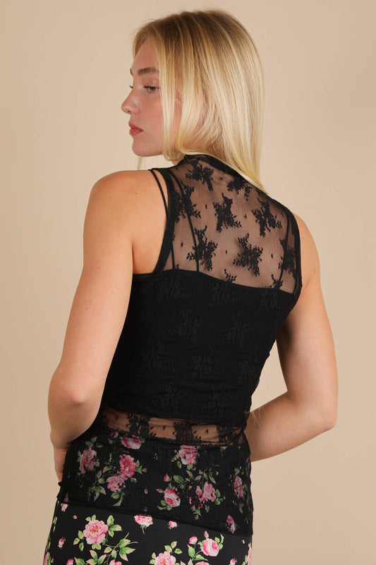 High Neck Sheer Mesh Lace Fitted Knit Top Black