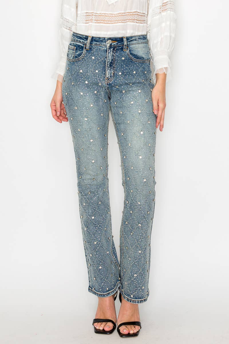 JEWEL EMBELLISHED ALL OVER RHINESTONE BOOTCUT JEANS