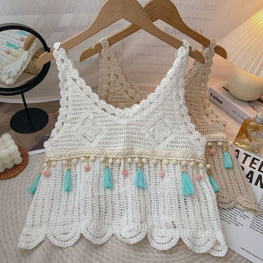 Vintage Fringe Knit Vest WHITE