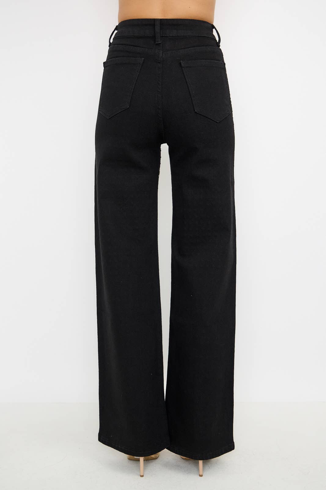 Rhinestone High Waisted Stretch Wide Leg Denim Pants