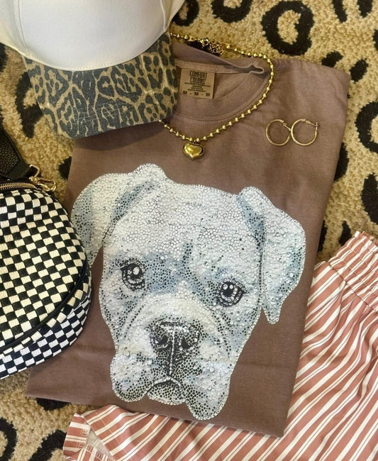 Faux Rhinestone White Boxer Dog Comfort Colors Colorblast