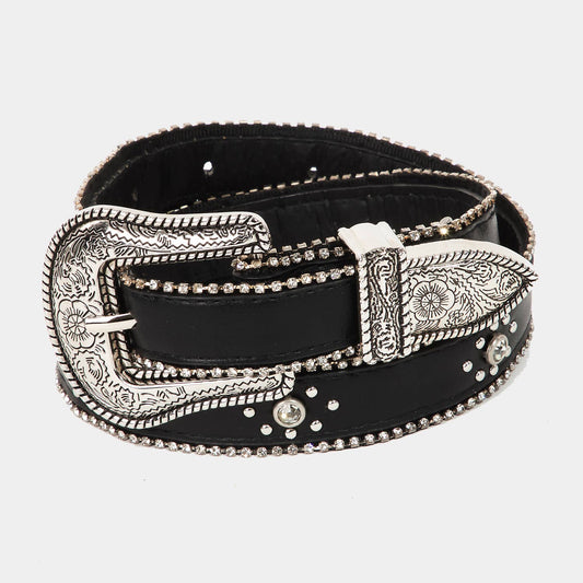 Rhinestone Studs Thin Faux Leather Belt Black