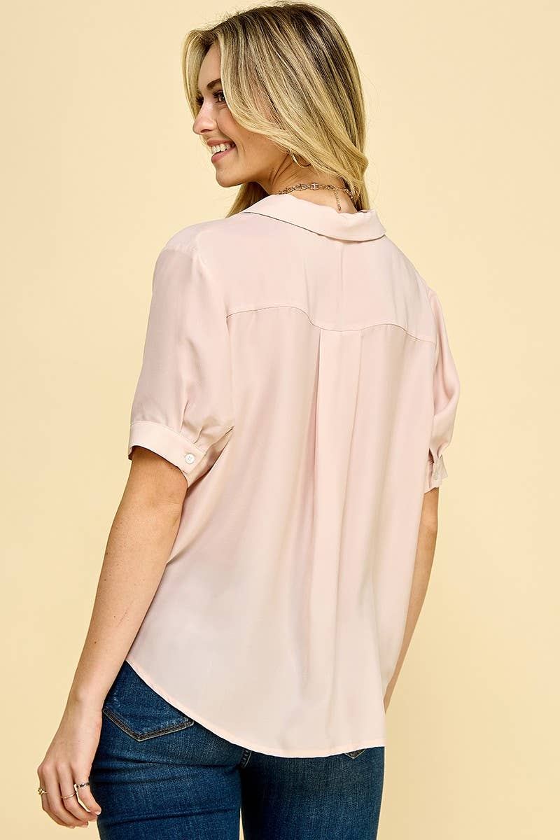 Blush Button-Down Blouse with Rolled Sleeves