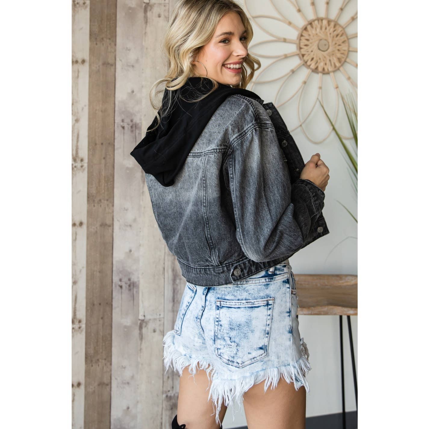 Washed Black Cropped Denim Hood Jacket: Black