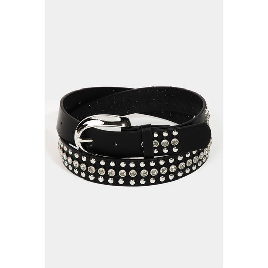 Stud Rhinestone Faux Leather Belt Black