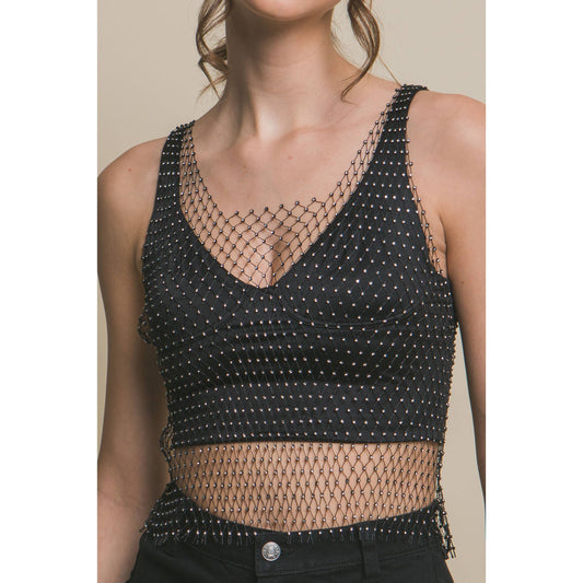 Rhinestone Mesh Top Black