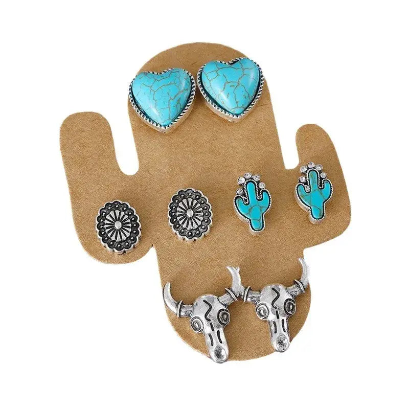 Set of 4 Turquoise Stud Earrings Western Theme: Steer